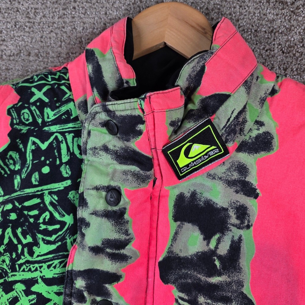 Vintage Quiksilver Mens Neon Pink Green Abstract Print Full Zip Jacket XL Puffer - Picture 4 of 16